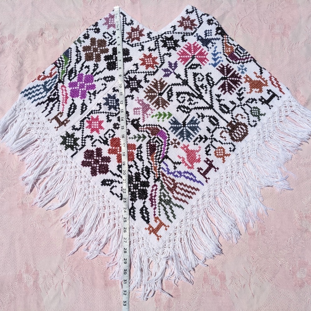 Mexican Hand Embroidered Poncho Artisanal Cross-Stitch Floral Peacock Boho Cape - Picture 6 of 13